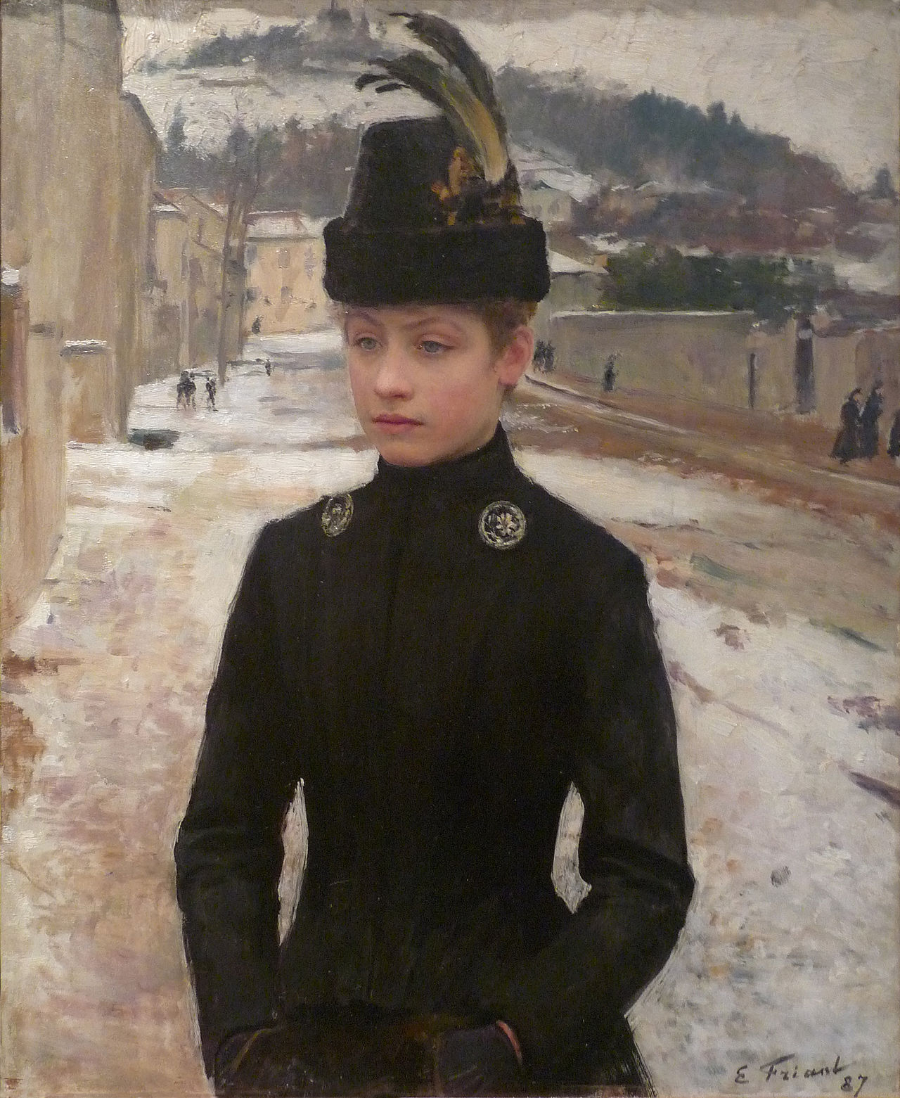 Young girl from Nancy in a snowy landscape by Émile Friant