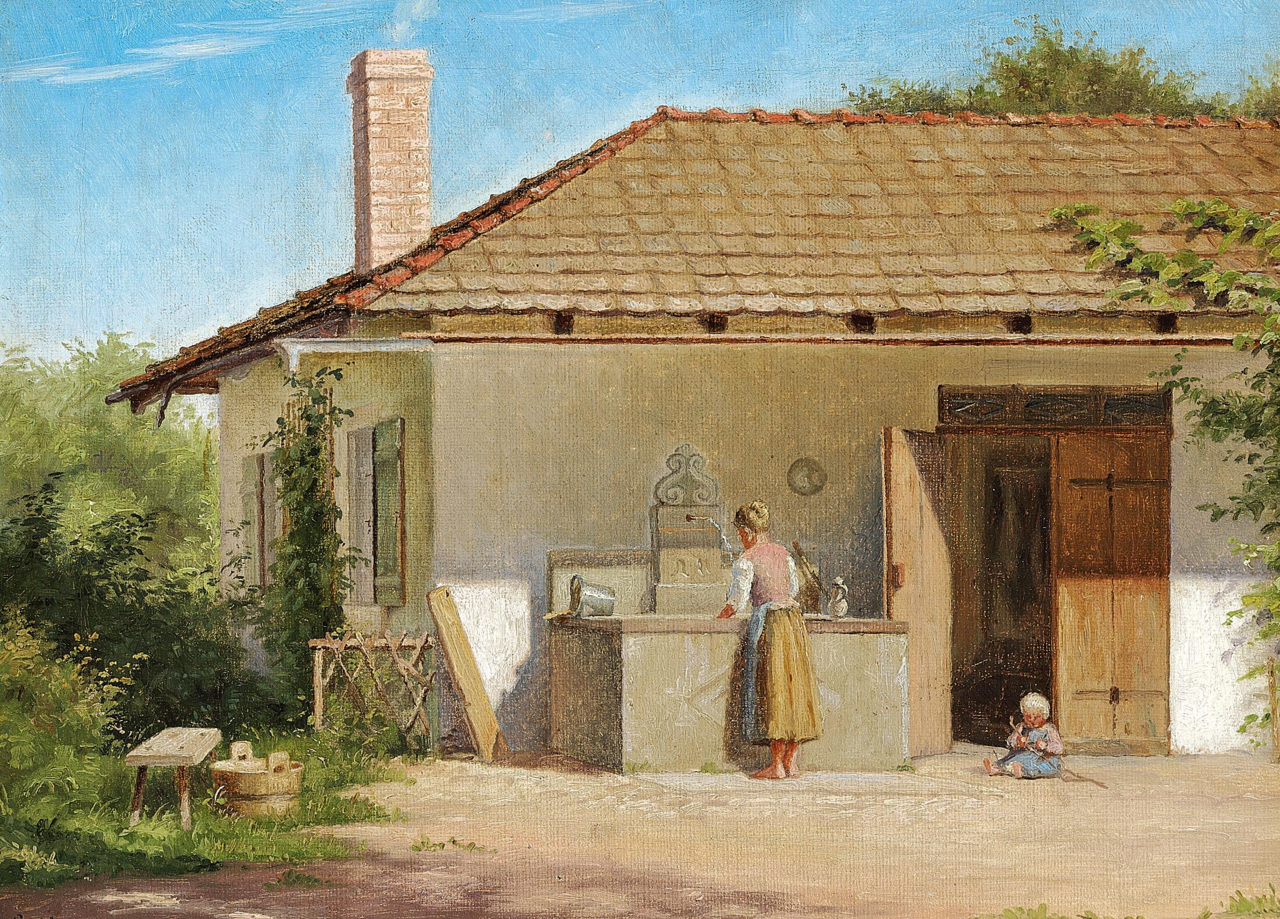 Italian scene with a woman and a child playing. by Emilie Mundt