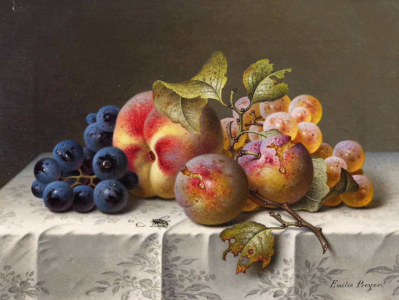 Still life with grapes and peaches by Emilie Preyer