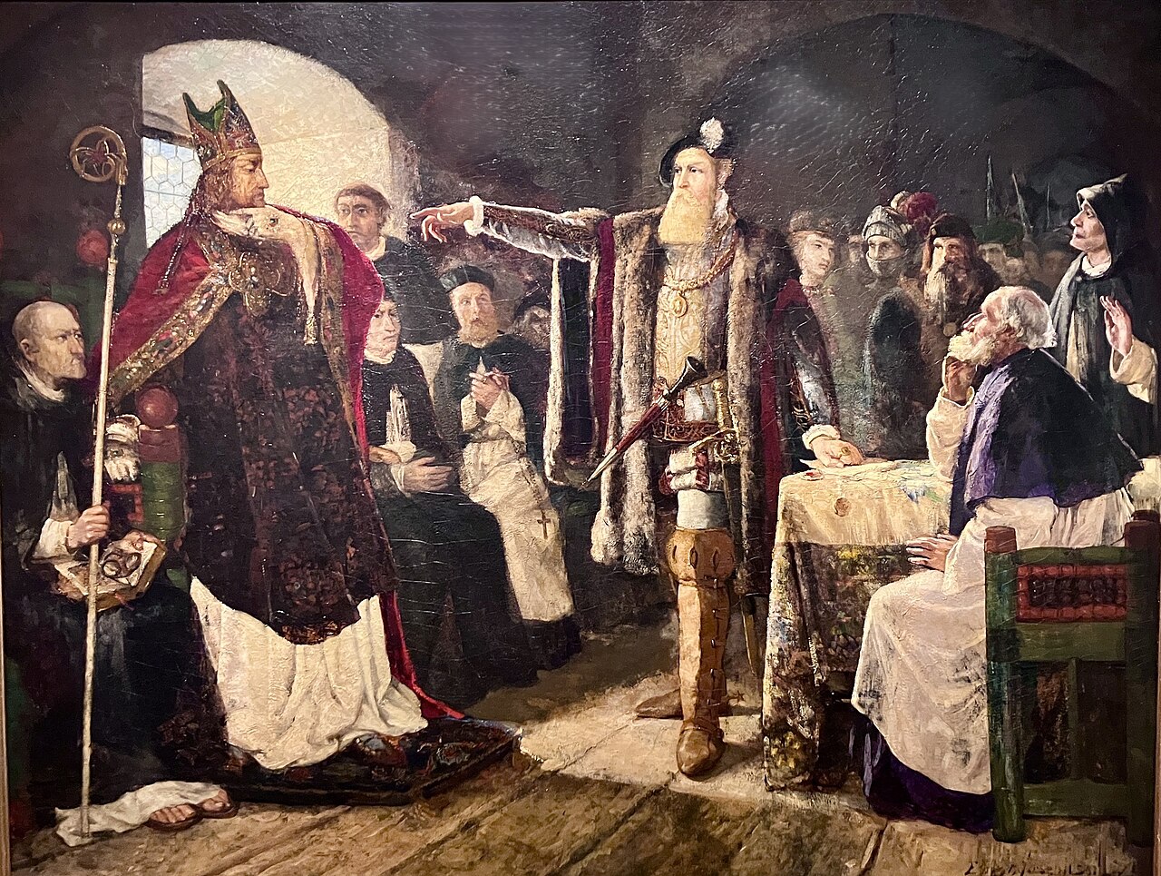 Konung Gustav Vasa anklagande biskopen Peder Sunnanväder inför domkapitlet i Västerås 1523 by Ernst Josephson