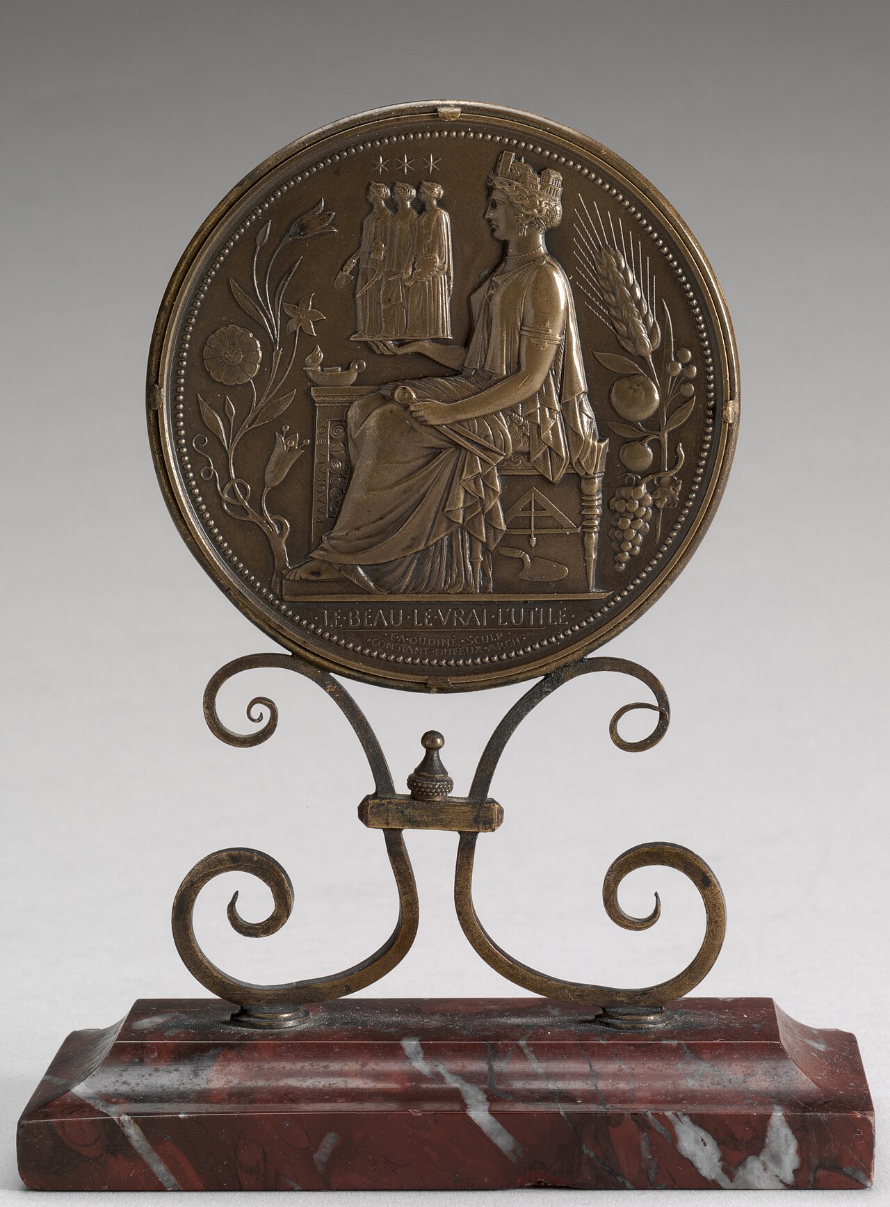 Architecture Holding Statues of Personifications of Structure, Form, and Color (Medal for the Société centrale des architects) [obverse] by Eugène André Oudiné