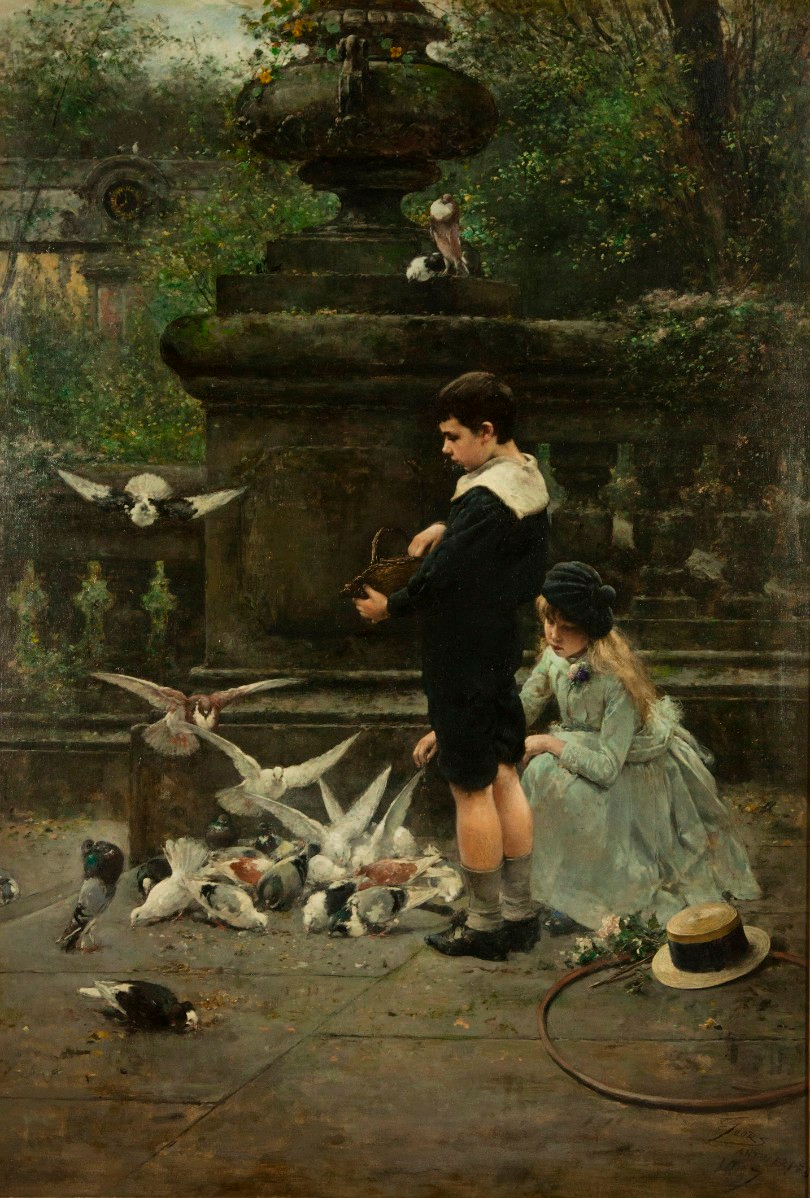 Children Feeding Pigeons in the Park by Eugène Joors
