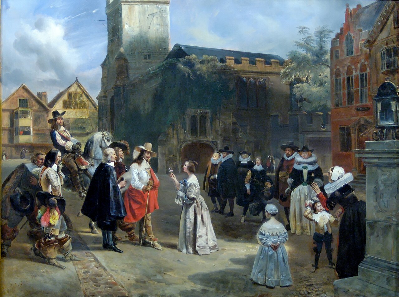 Charles I receiving a rose from a young girl when about to be brought as a prisoner to Carisbrooke Castle, where he will soon be condemned and executed by Eugène Lami