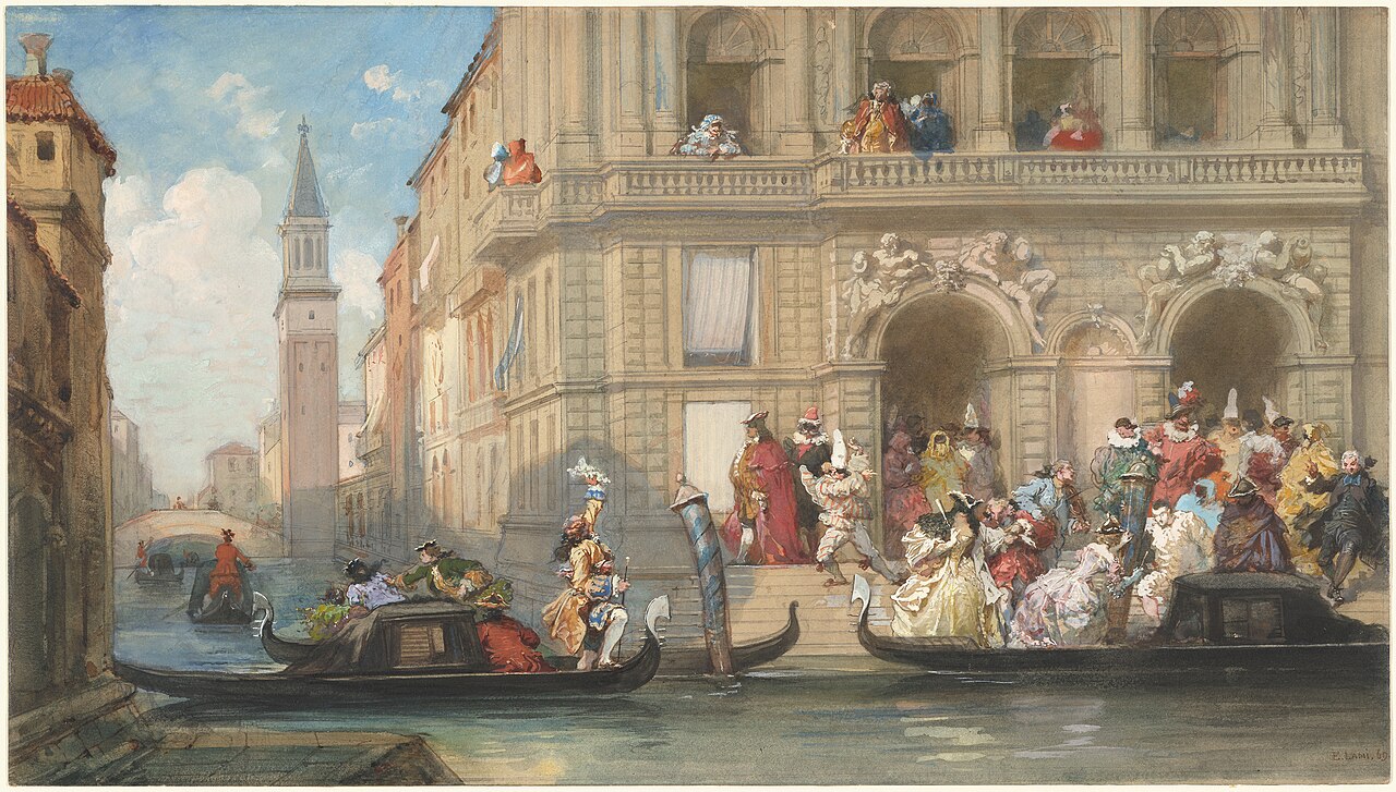 Masqueraders Boarding Gondolas before a Venetian Palazzo by Eugène Lami