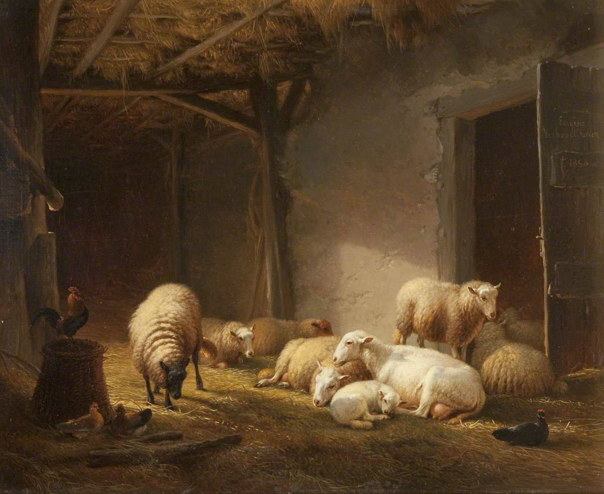 A Sunlit Barn with Ewes, Lambs and Chickens by Eugène Verboeckhoven