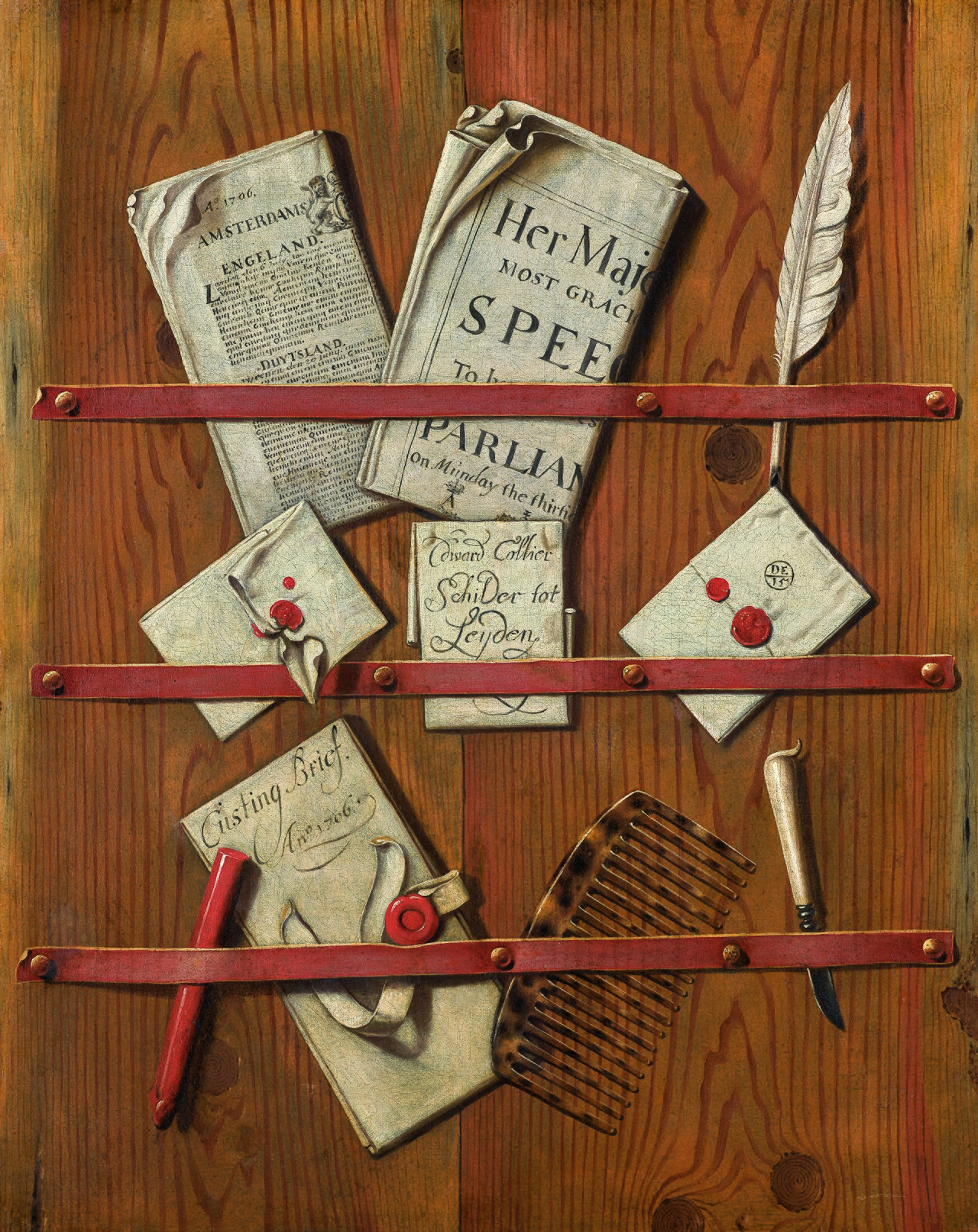 Trompe l'œil with a letter rack holding newspapers, letters, writing equipment and a comb by Evert Collier