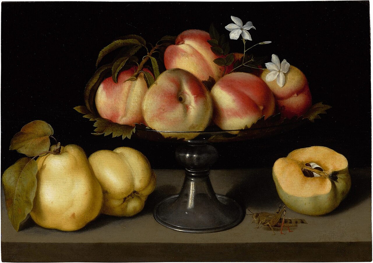 A glass compote with peaches, jasmine flowers, quinces and a grasshopper by Fede Galizia