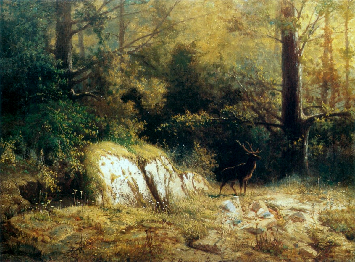 Forest landscape with a deer. by Feliks Brzozowski