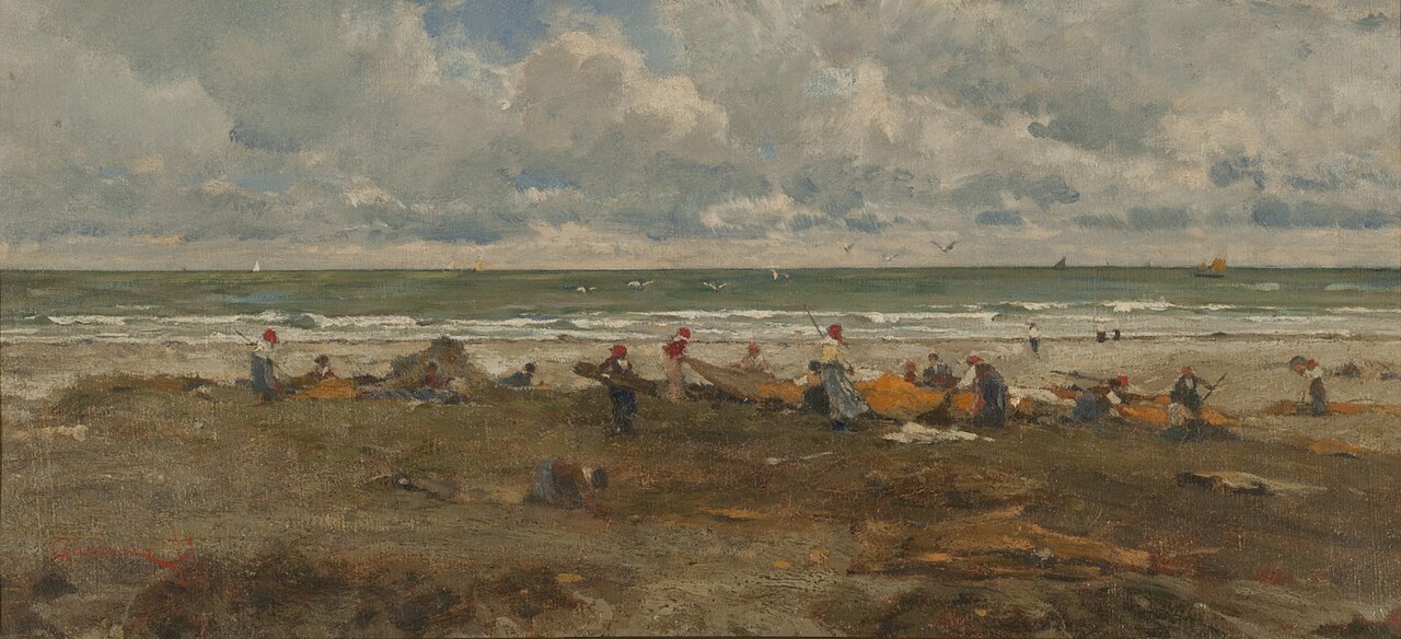 Fishermen on the beach by Filippo Carcano