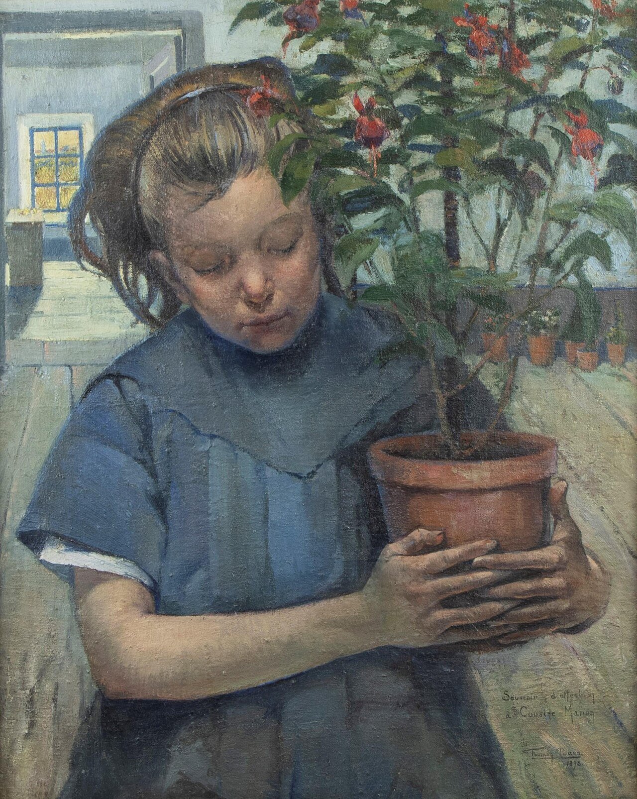 Girl with fuschias by Firmin Baes