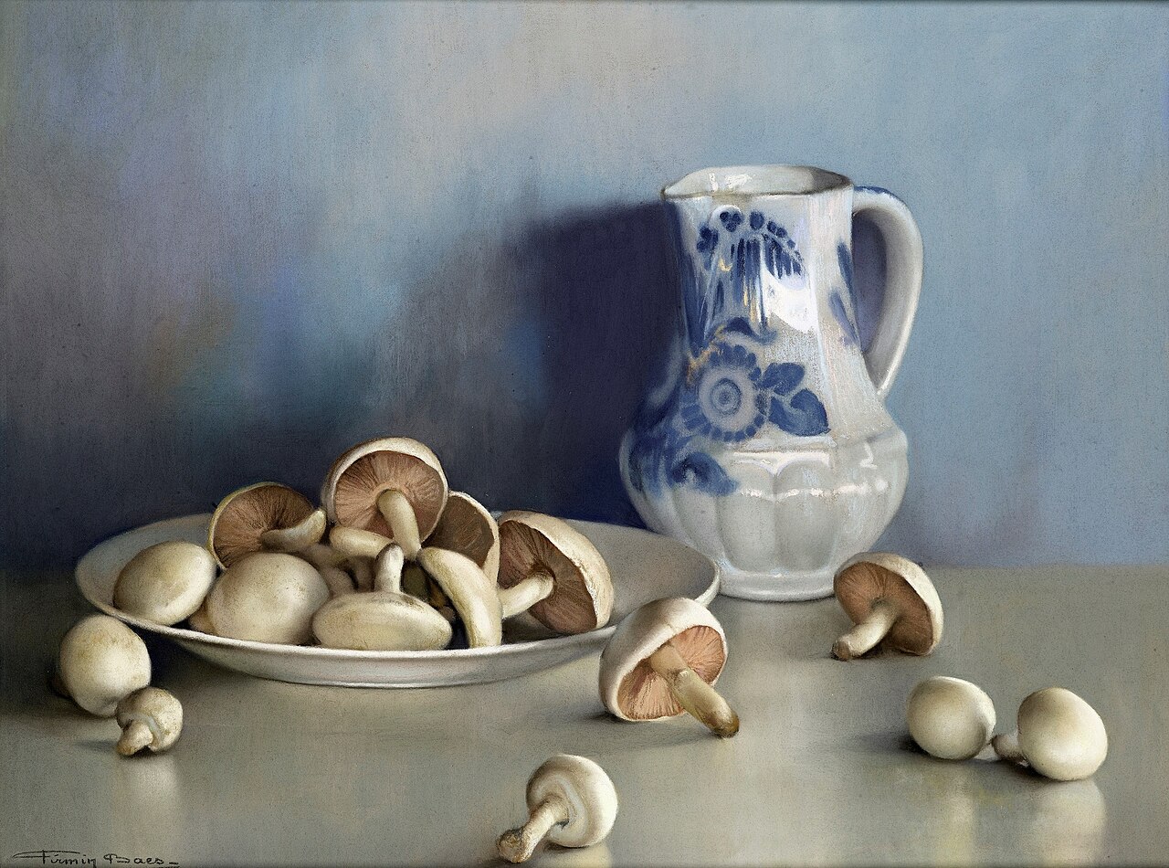 Still life with mushrooms and a pitcher by Firmin Baes