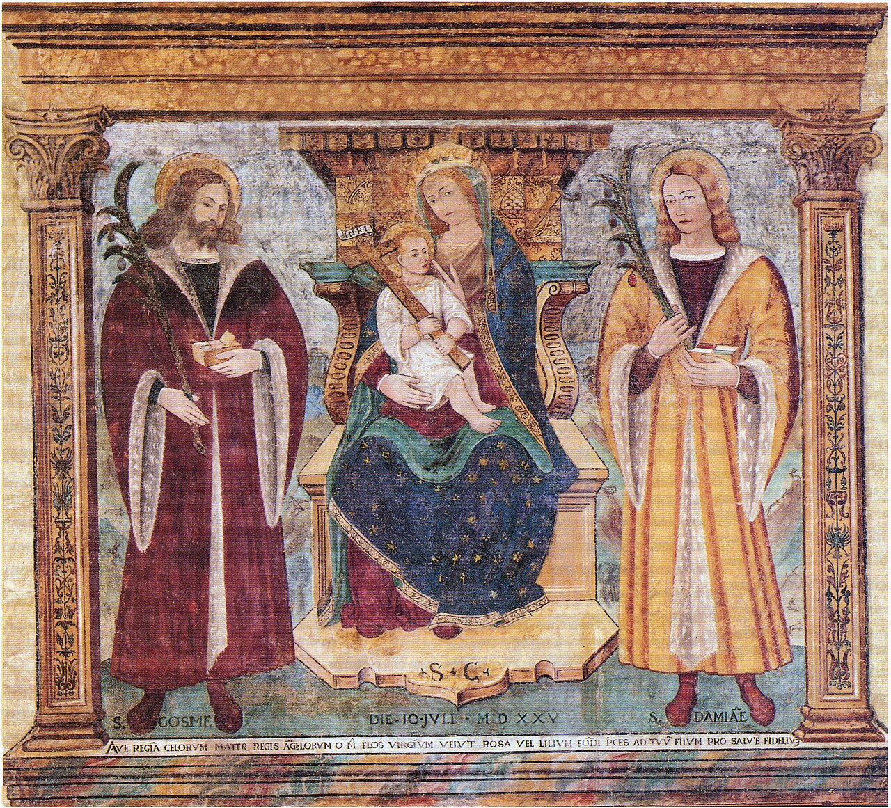 Madonna and Child with Saints Cosmas and Damian by Floriano Ferramola
