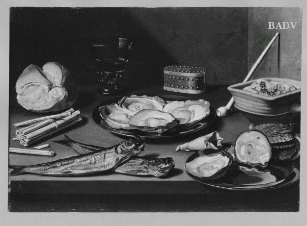 Still Life with smoked herring, oysters and smoker's gear by Floris van Schooten