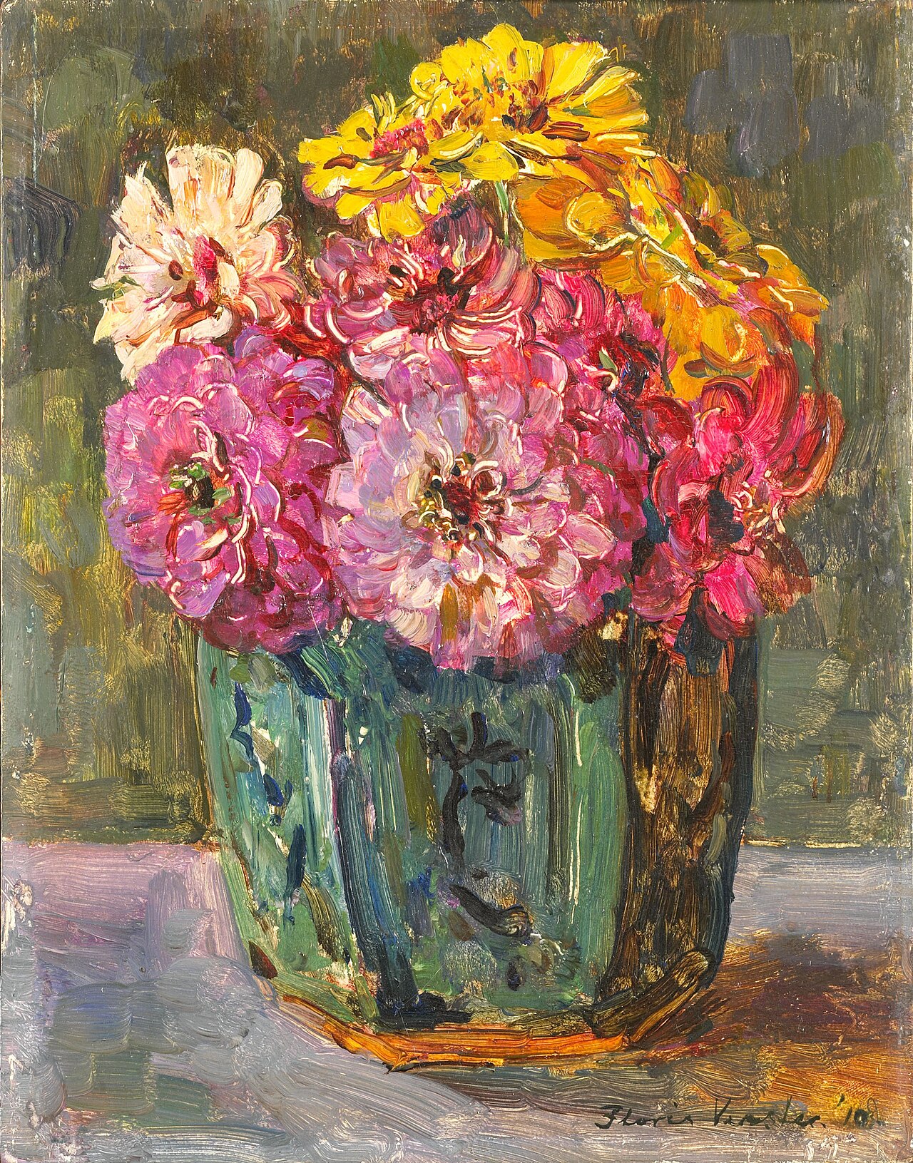 Still Life with Zinnias in a green Jar by Floris Verster