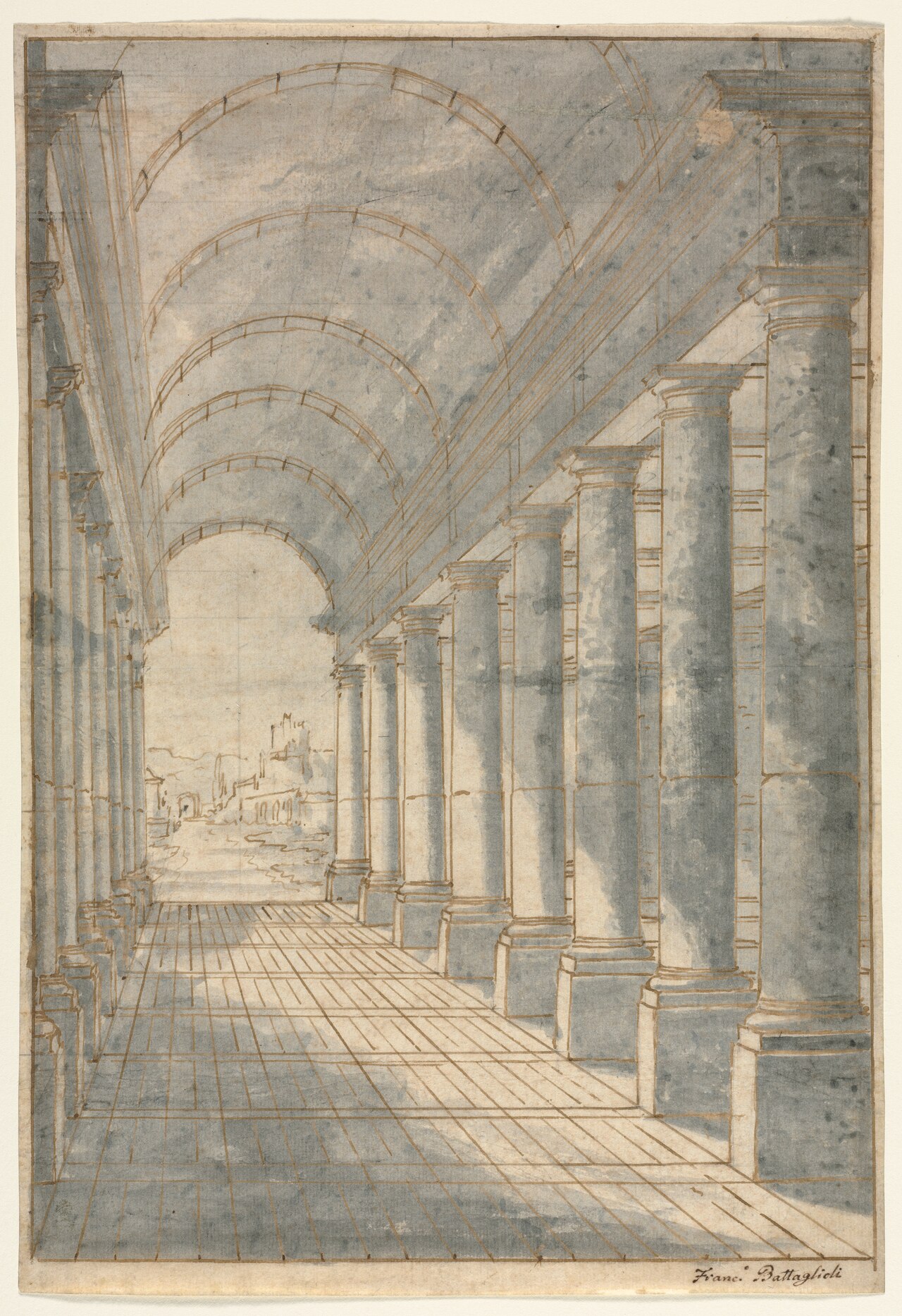 Barrel-Vaulted Arcade Rendered in Perspective by Francesco Battaglioli