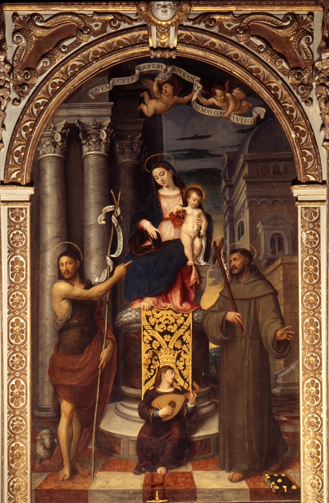 Virgin enthroned with child and Saints John the Baptist and Francis by Francesco Beccaruzzi