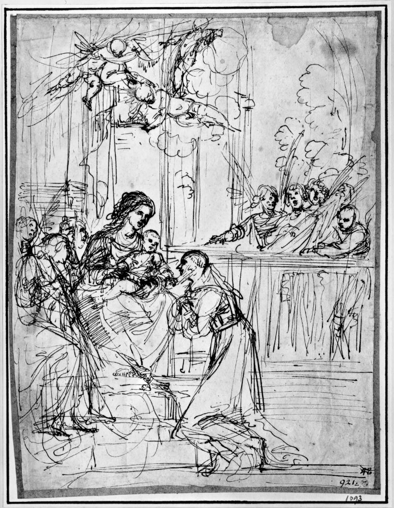 Enthroned Madonna and Child adored by St. Francis by Francesco Brizio