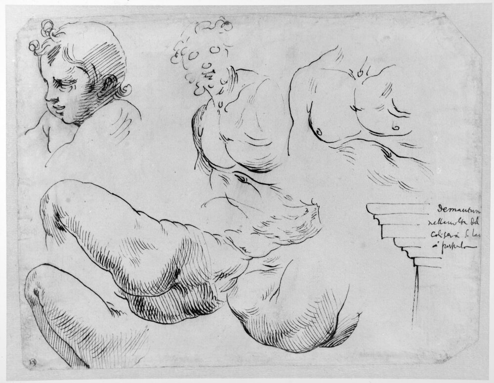 Head of a putto, torso and breast of a man. Architectural detail by Francesco Curia