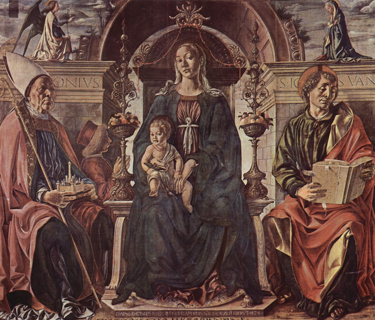 Madonna enthroned with child and Saints Petronius and John the Evangelist by Francesco del Cossa