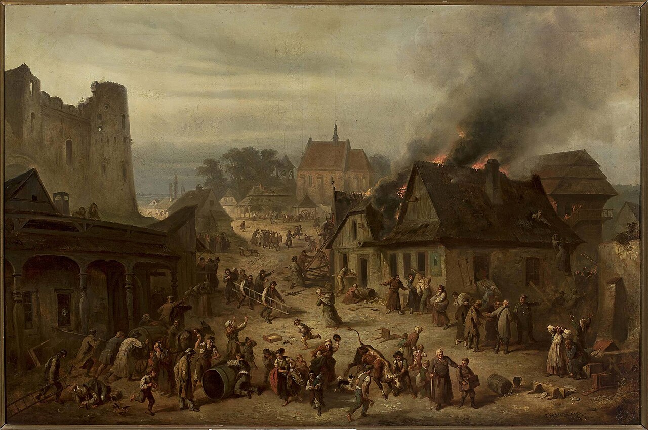 Fire in a small town. by Franciszek Kostrzewski