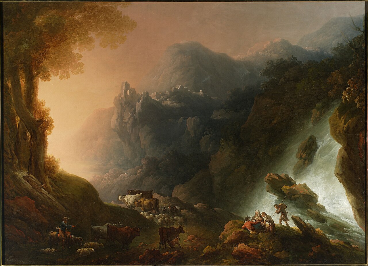 The mountain scenery with a waterfall (The sunset). by Franciszek Ksawery Lampi