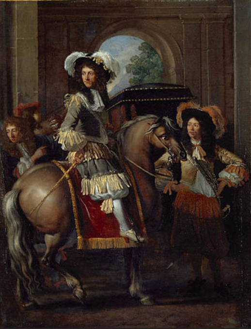 Gentleman on horseback and a carriage in front of a monumental gate by François Duchatel