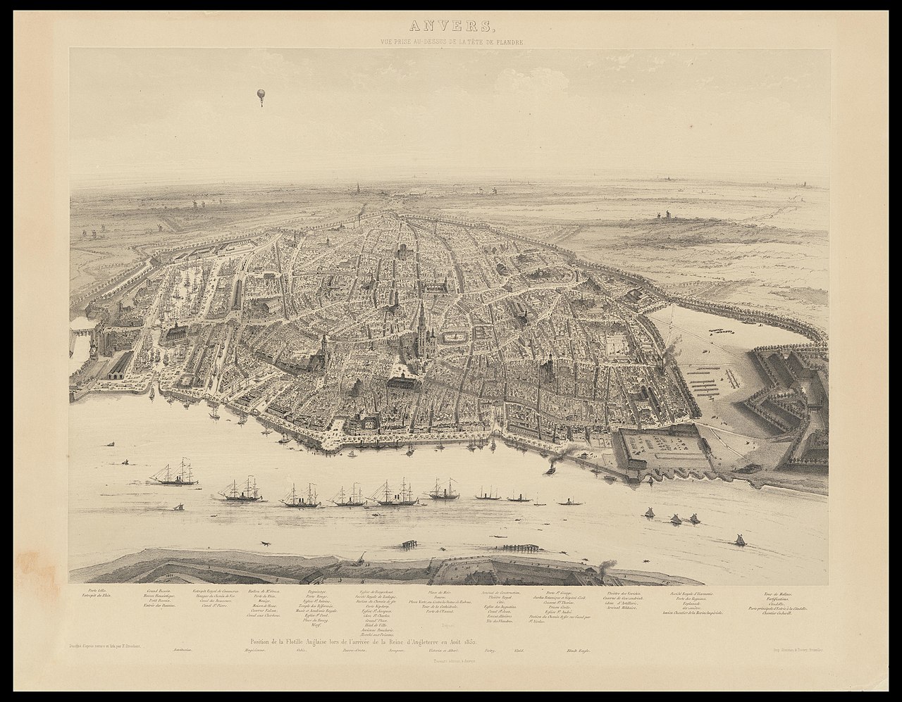 Zicht op Antwerpen met de ligging van de Engelse vloot bij de aankomst van de Koningin van Engeland in 1852 by François Stroobant