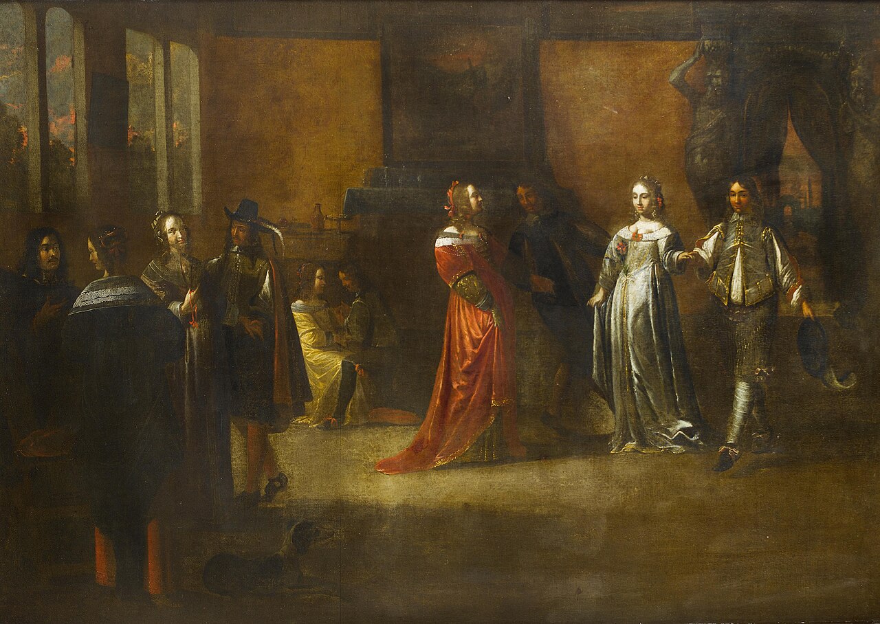 Elegant figures merrymaking in an interior by Frans Geffels