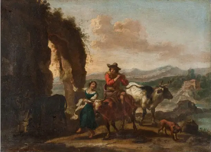 Italian landscape with shepherds and ruins by Frans Geffels
