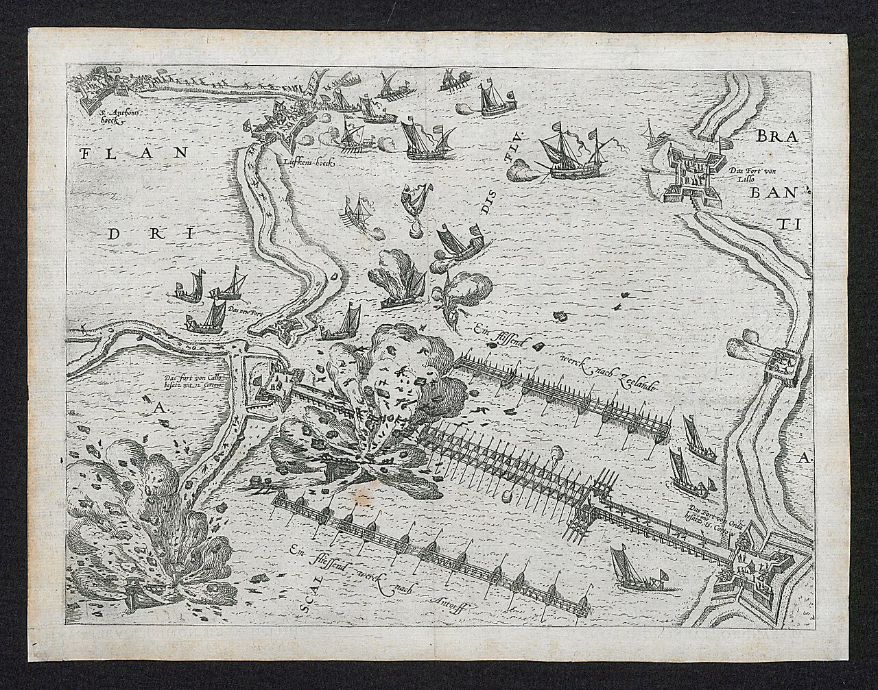 Explosie in 1585 bij de schipbrug van Alexander Farnese, de hertog van Parma, over de Schelde by Frans Hogenberg