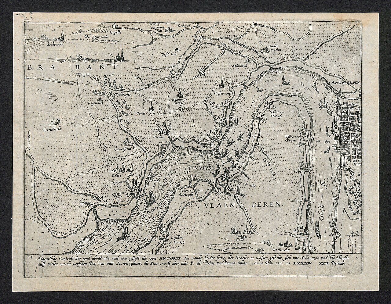 Kaart van de fortificaties langs de Schelde nabij Antwerpen, 22 december 1584 by Frans Hogenberg