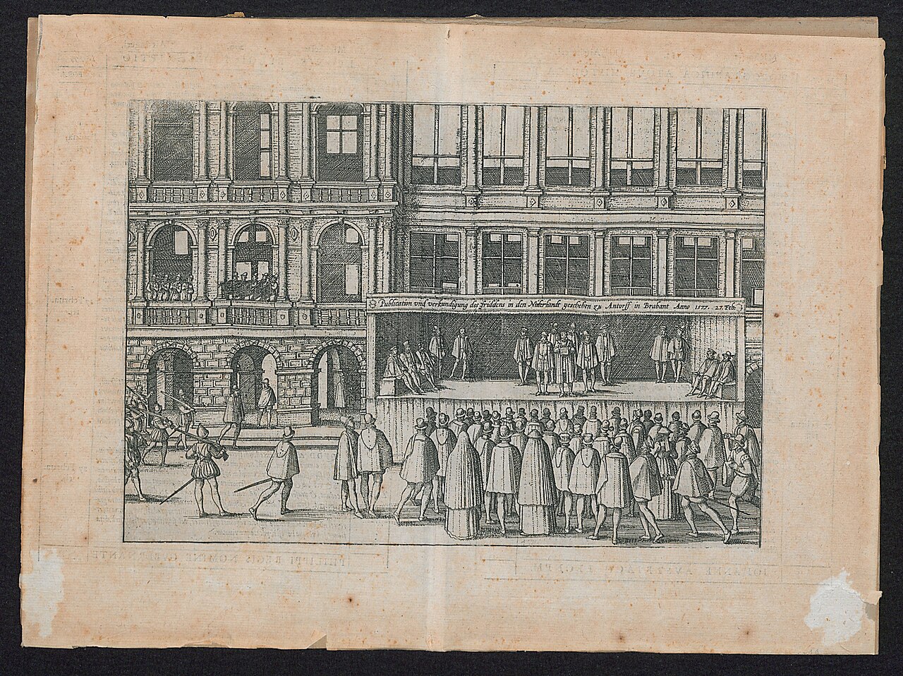 Publicatie en aankondiging van vrede in de Nederlanden op 27 februari 1577 by Frans Hogenberg