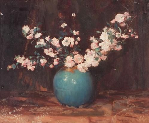 Apple blossoms in a turqoise ginger jar by Frans Oerder