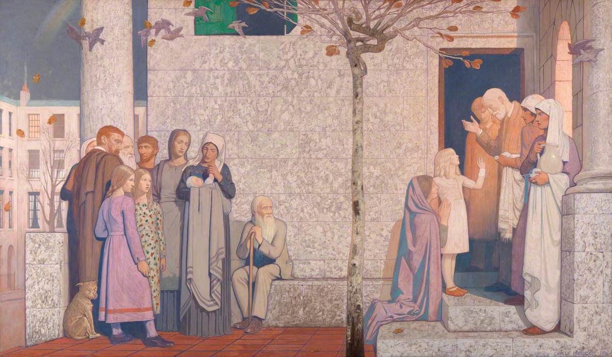 Men, Women and Girls Standing in a Group Outside a Hospital by Frederick Cayley Robinson
