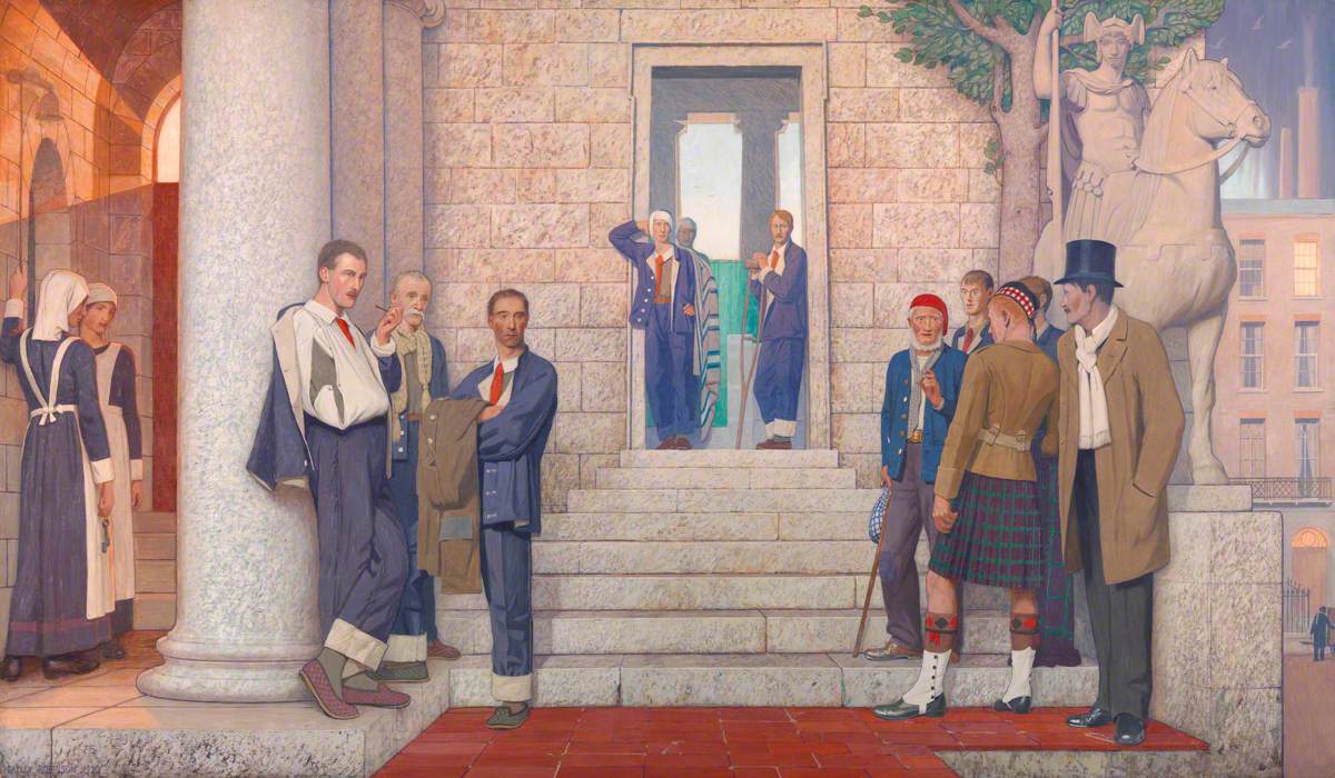 Wounded and Sick Men Gathered Outside a Hospital by Frederick Cayley Robinson
