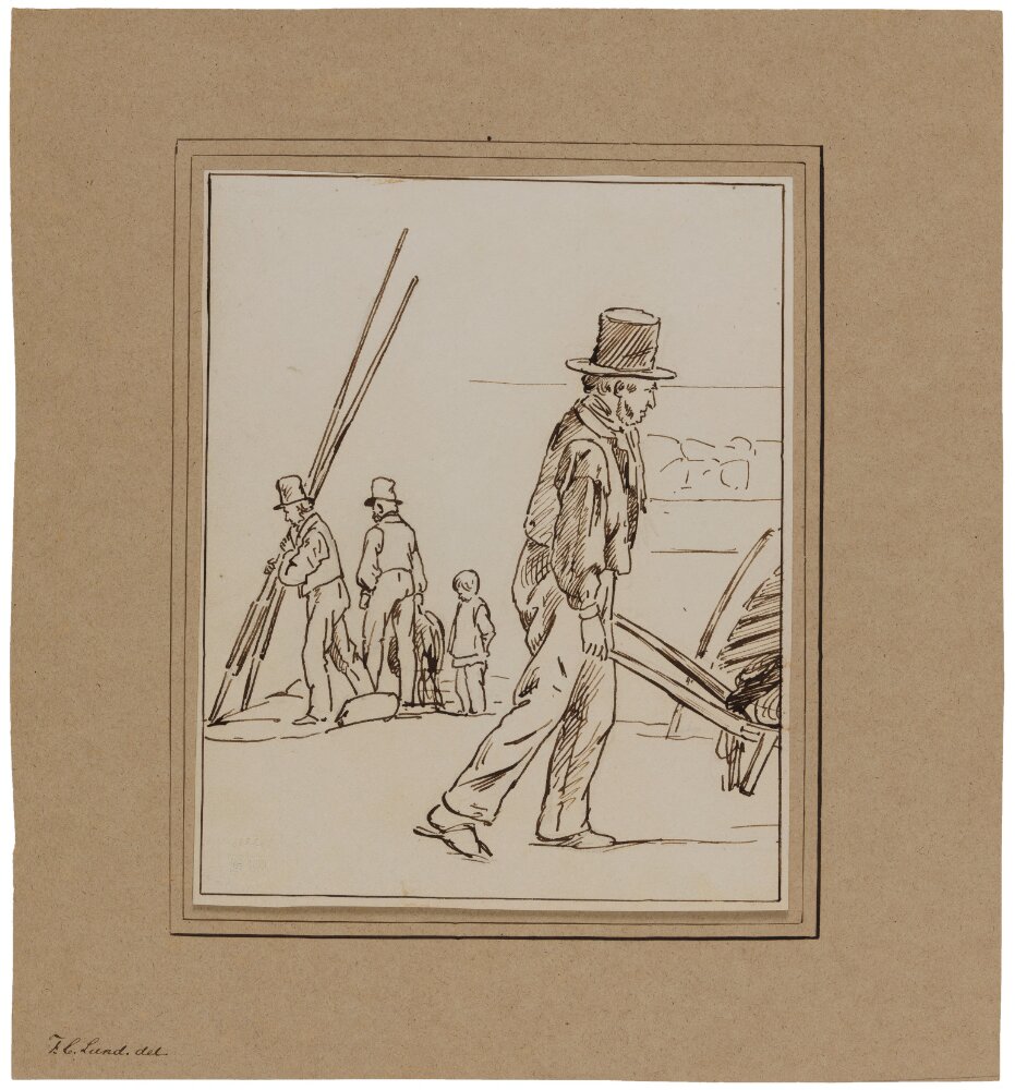 Study of a Crowd: A Man Pushing a Wheelbarrow Verso: Studies of cows and a city landscape by Frederik Christian Lund