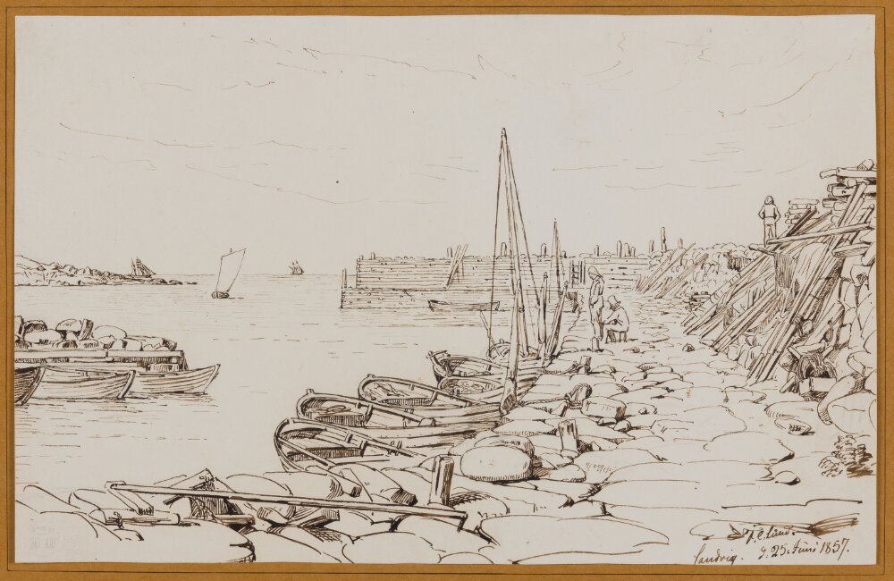 The Jetty in Sandvig’s port, Bornholm Verso: Studies of cows and a city landscape by Frederik Christian Lund