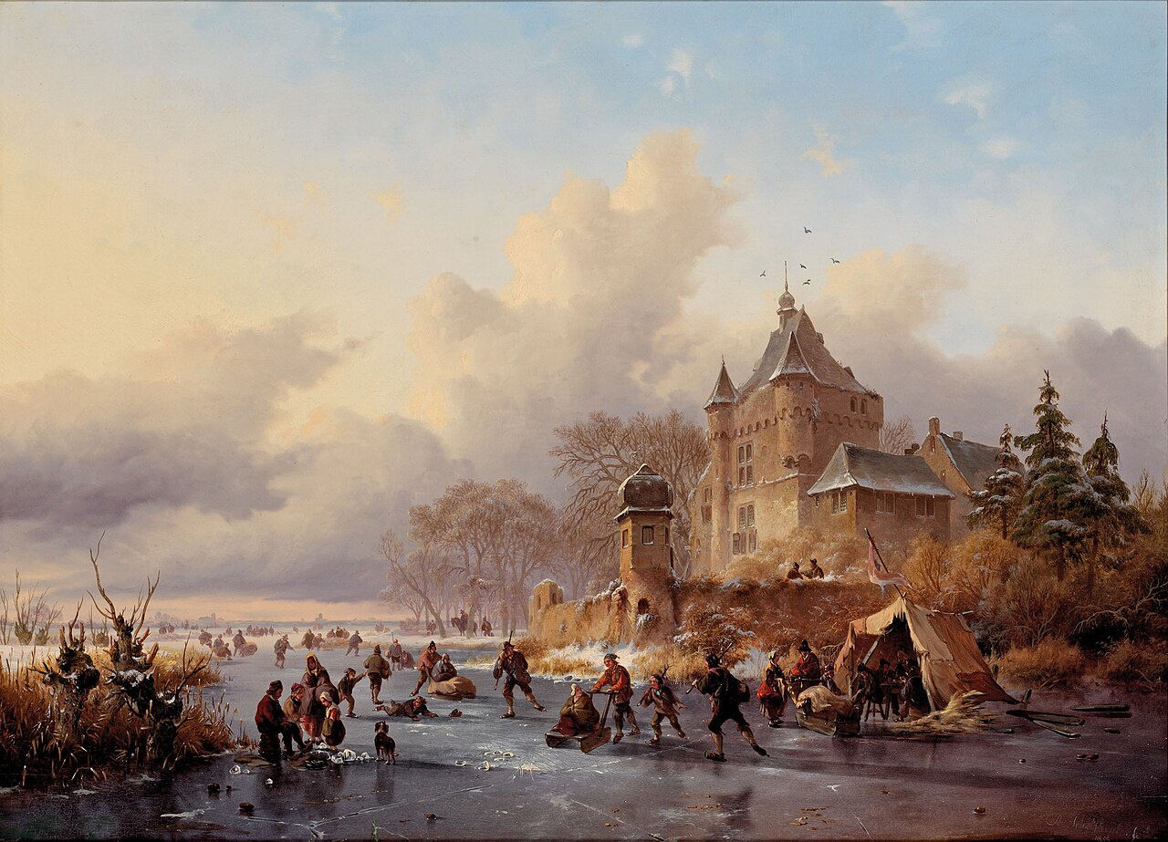 A winter landscape with activites on the ice near a castle by Fredrik Marinus Kruseman