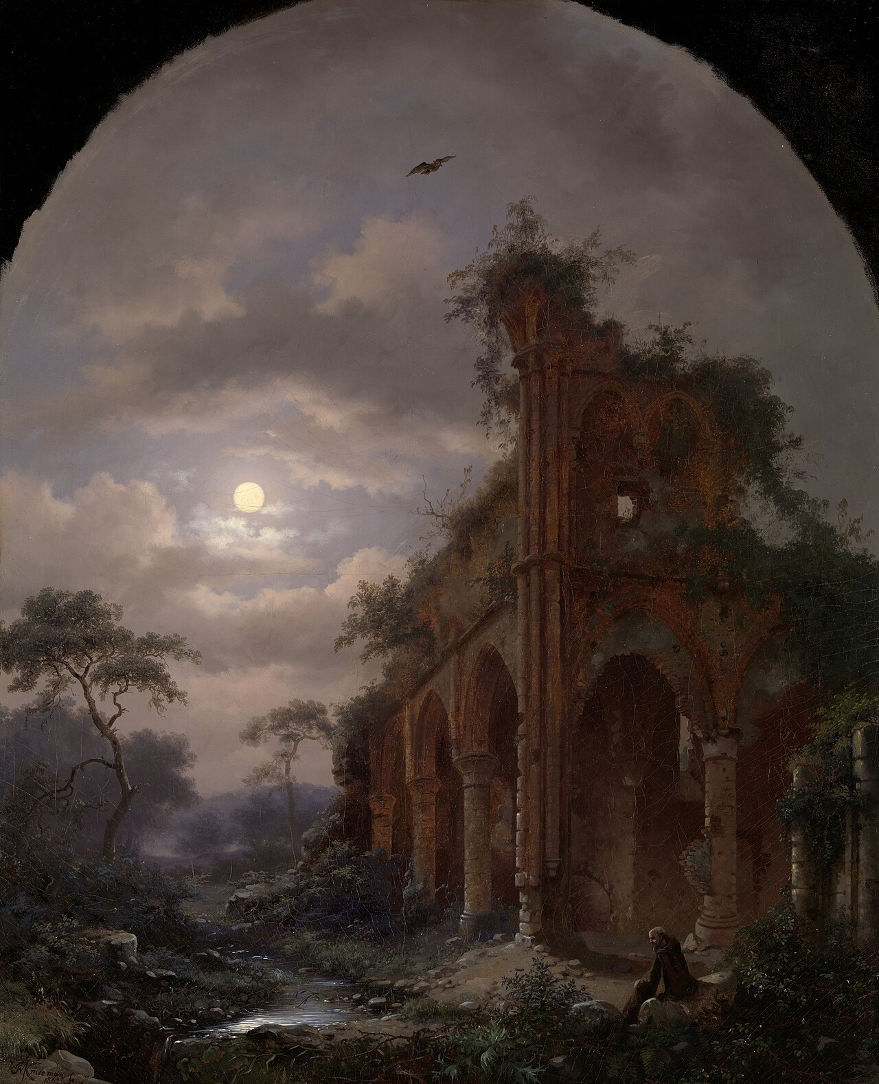 Monk Meditating near a Ruin by Moonlight by Fredrik Marinus Kruseman