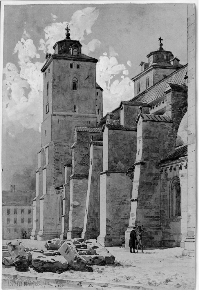 Lunds domkyrka. Långhus och torn från sydost, en prästman och djävulen som staffagefigurer by Fredrik Wilhelm Scholander