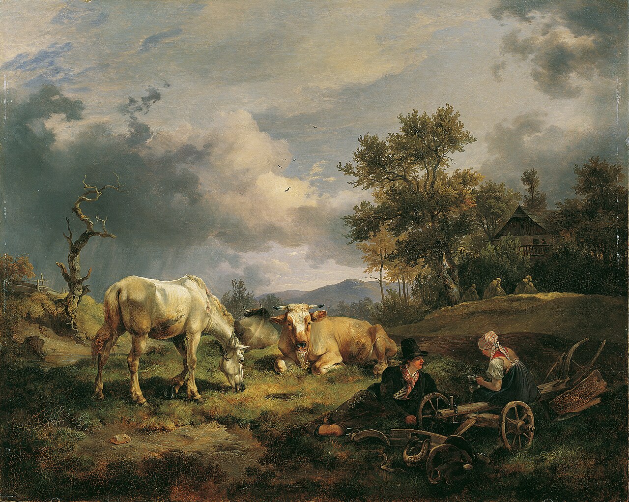 Cow shepherds resting in the meadow next to their cows by Friedrich Gauermann