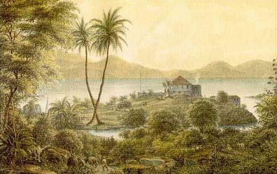 Lithograph print of the Cruz Bay Battery on St. John from a sketch by Fritz Melbye by Fritz Melbye