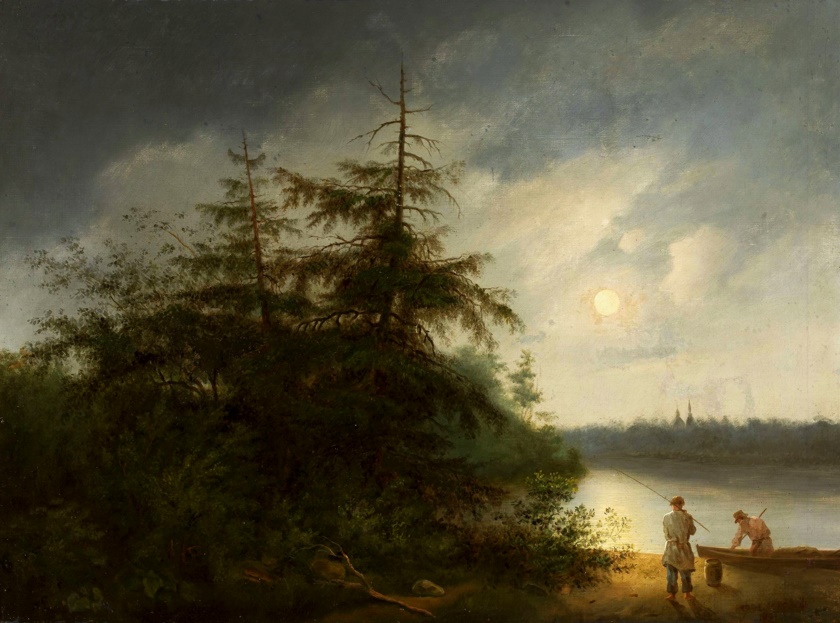 Nocturnal landscape with fishermen. by Fyodor Alekseyev