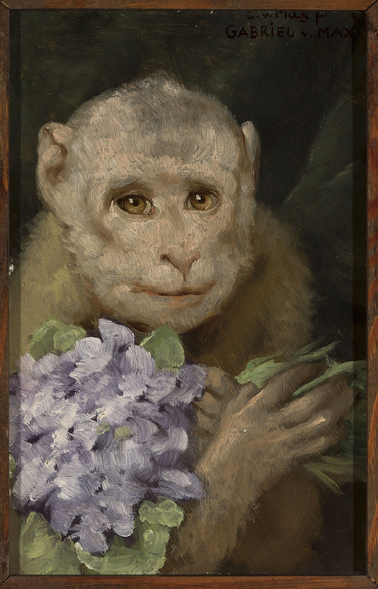 Monkey with violets. by Gabriel von Max