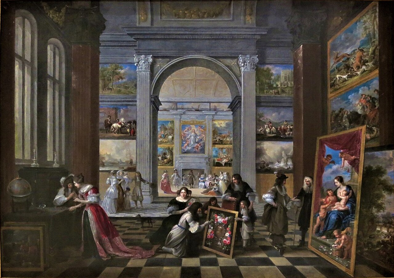 Interior of an Art Collector's Cabinet with Many Visitors by Gaspar de Witte