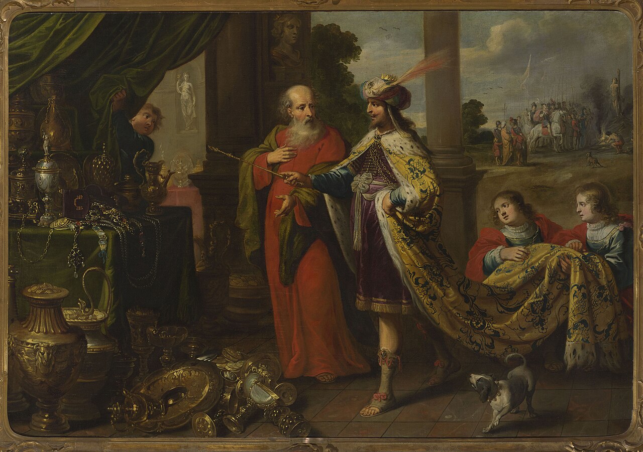 Croesus showing his treasures to Solon. by Gaspar van den Hoecke