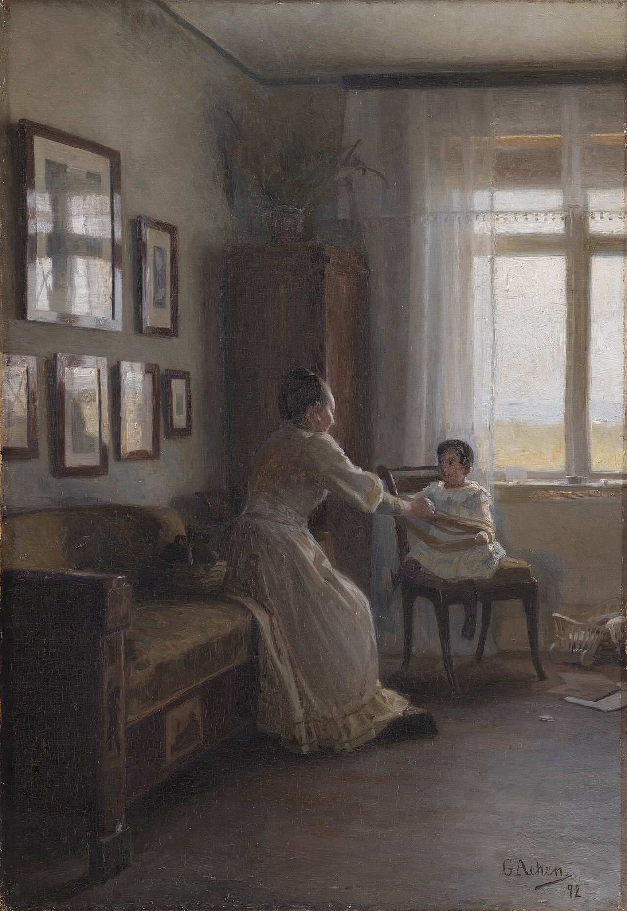 Interior with the Artist's Wife and Child by Georg Achen