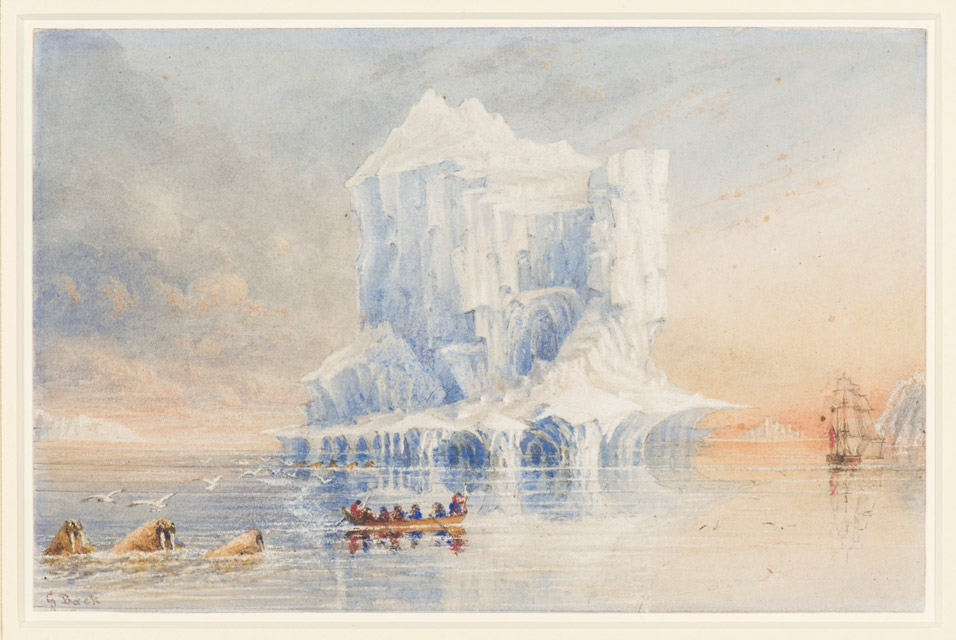 Admiral Sir George Back shows HMS Terror anchored near a cathedral-like iceberg in the waters around Baffin Island by George Back