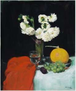Stlll Life with Dahlias, Wine Glass and Fruit by George Leslie Hunter