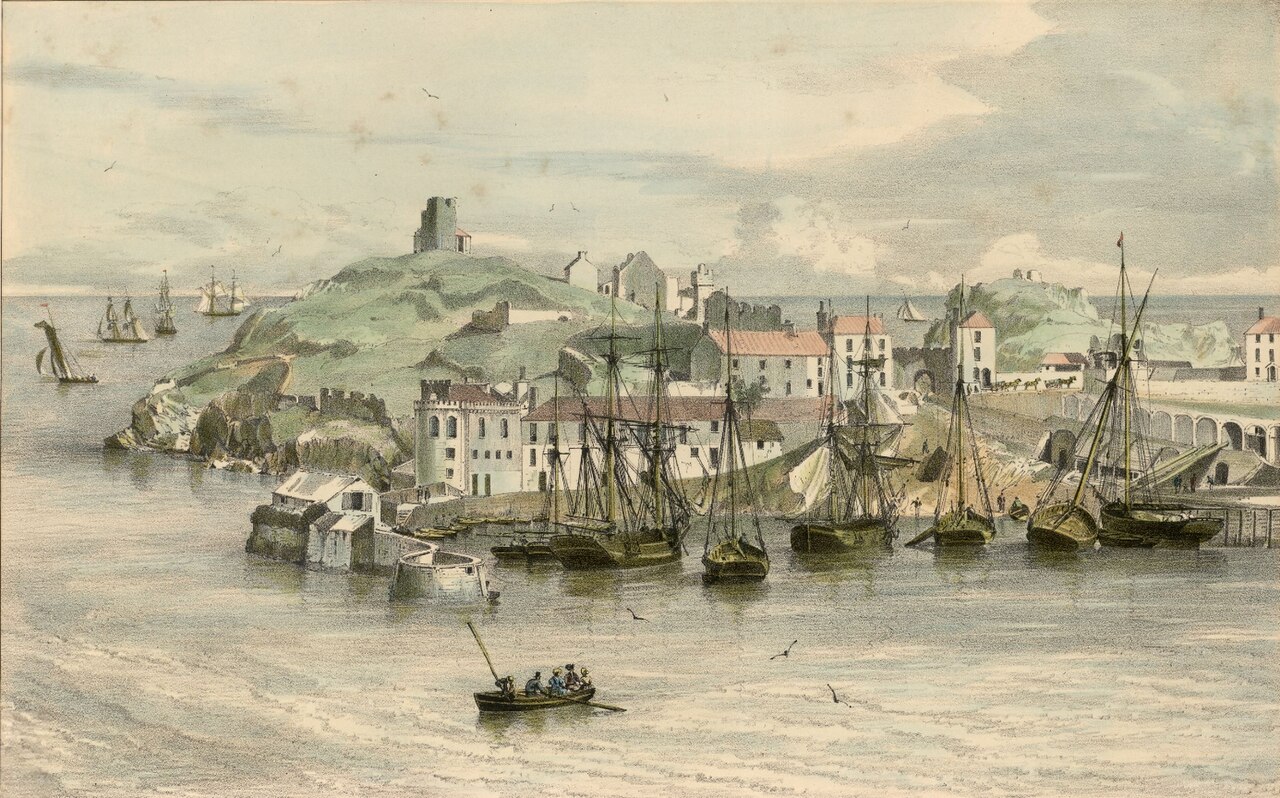 Tenby: Pier, the Castle hill & St. Catherine's rock by George Philip Reinagle